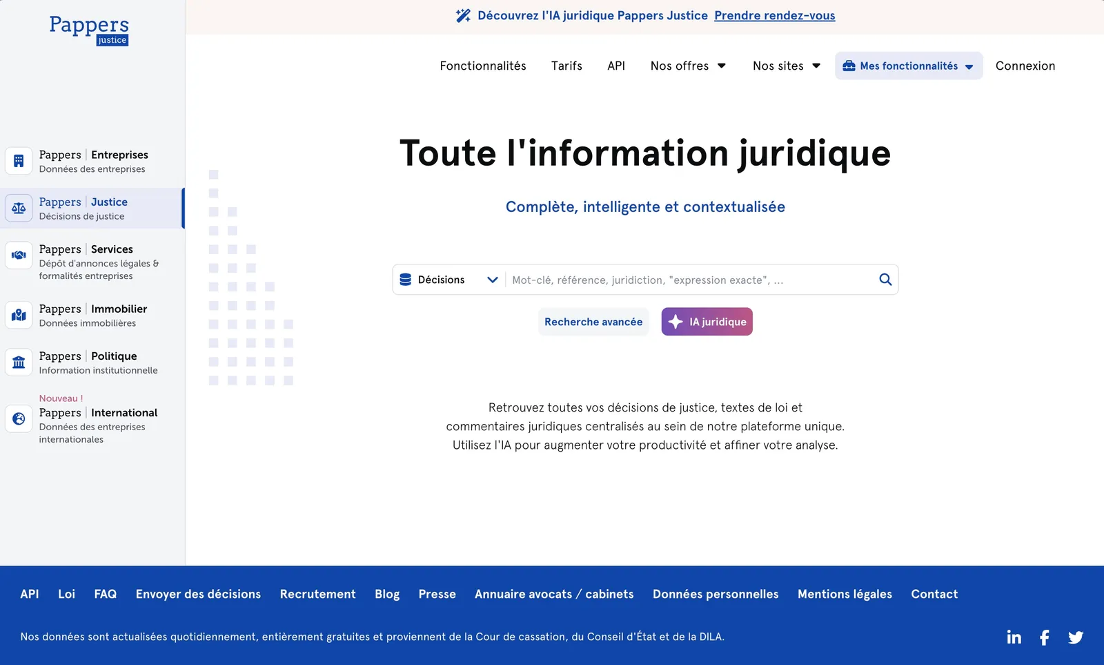 Capture d'écran de Pappers Justice, IA juridique gratuite open data